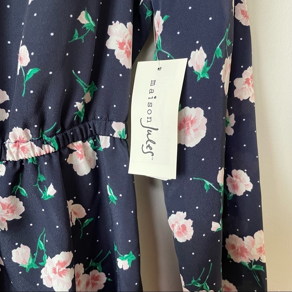 Maison Jules Navy Floral Ruched Tie Waist Shirt Dress - Picture 6 of 6